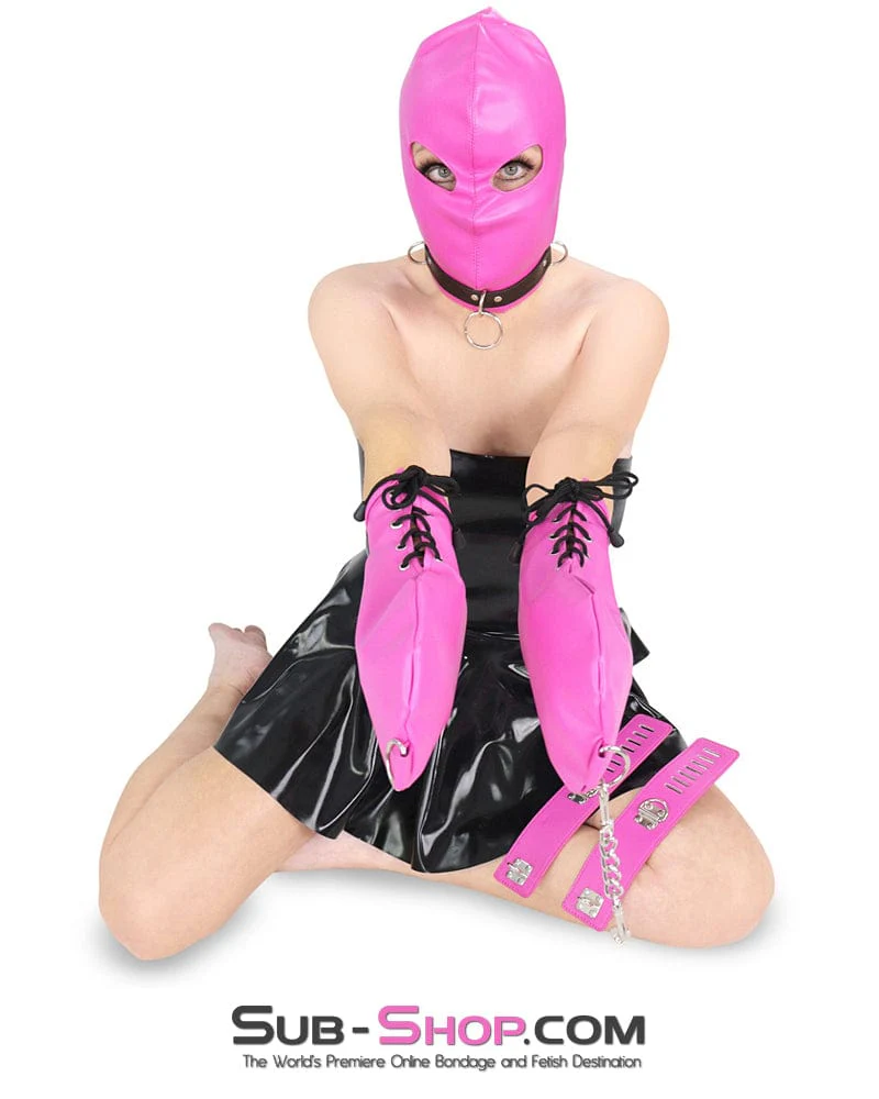 0565RS      Hot Pink Leatherette Open Lacing Back Eyes Bondage Girl Hood - Image 12