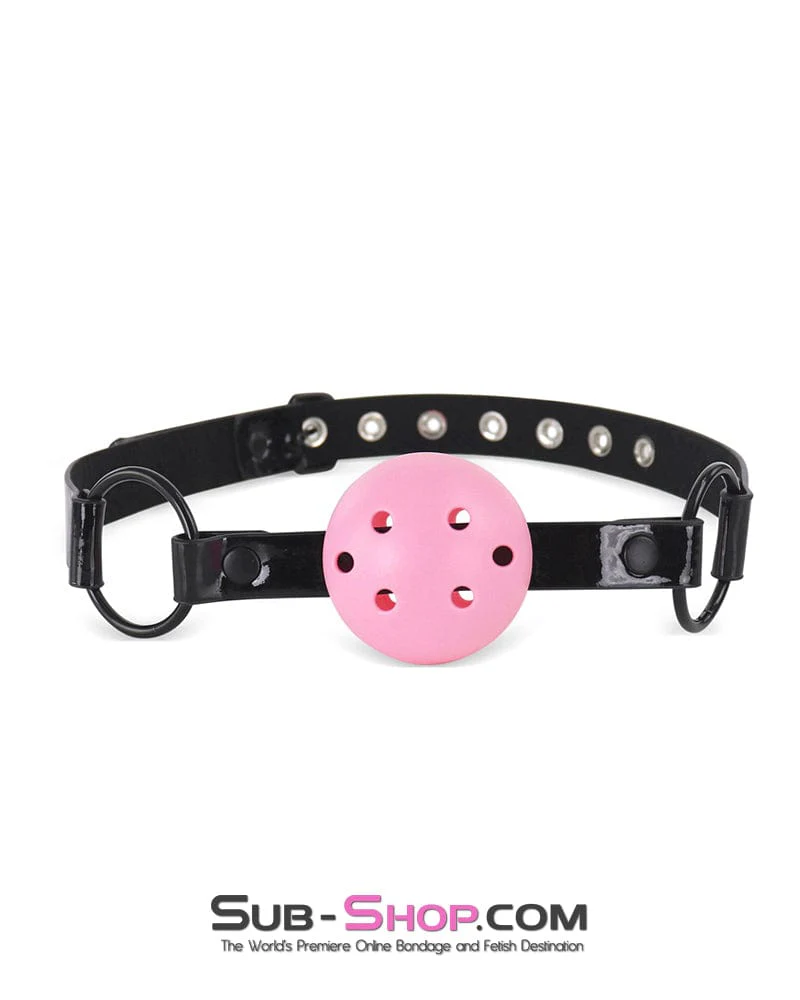 1530DL  Pink Breather Ball Gag on Black Patent Vegan Leather Strap