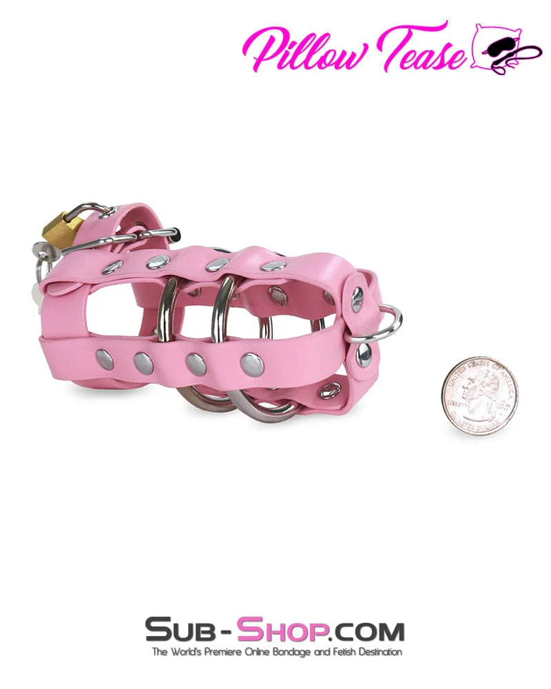 0319DL      Light Pink Locking Leather Cock & Balls Cage with Lead Ring Tip - Image 4