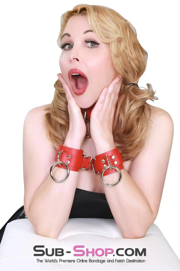 9744A      Lust Cuffs Locking Red Leather Wrist Cuffs - Image 5