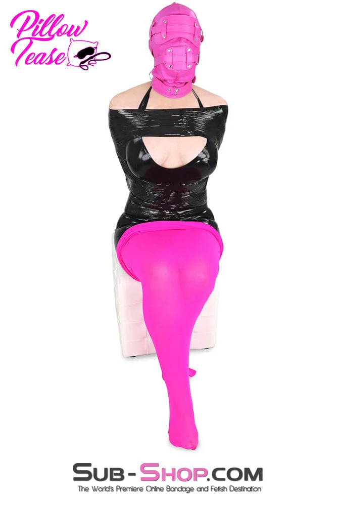 4730RS      Hot Pink Locking Bondage Hood with Removable Dildo Gag & Blindfold - Image 10