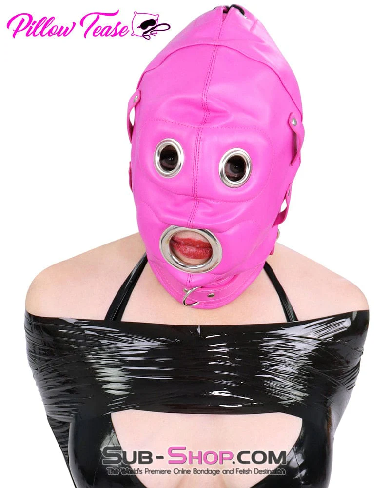 4730RS      Hot Pink Locking Bondage Hood with Removable Dildo Gag & Blindfold - Image 6