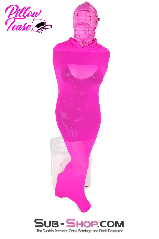 4730RS      Hot Pink Locking Bondage Hood with Removable Dildo Gag & Blindfold - Image 11